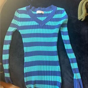 Pink Republic Blue and Teal Striped V-Neck Sweater